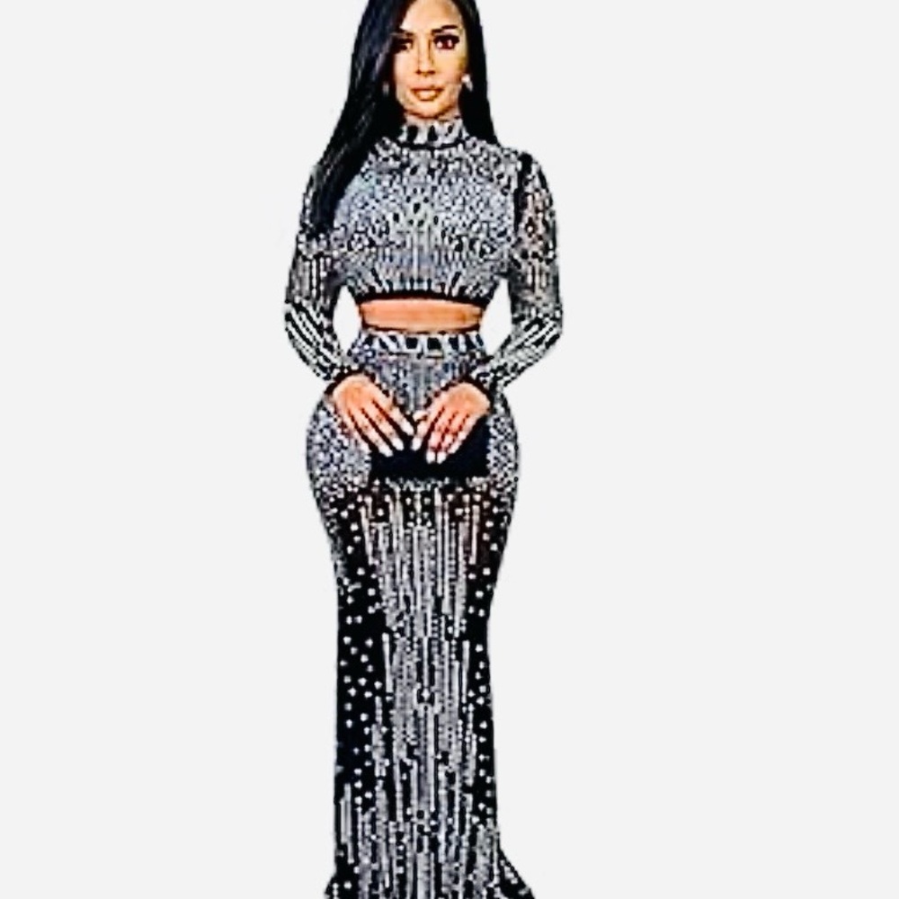 Black Embellished Two-Piece Maxi Skirt Set
